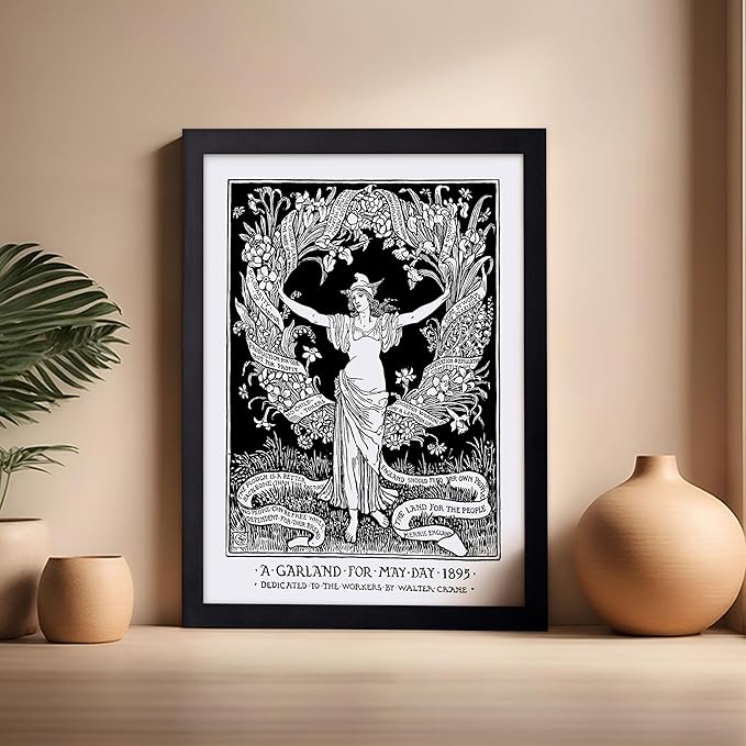 Poster Master Vintage Walter Crane Poster - Retro A Garland for May Day Print - Socialist Art - Gift for Him, Her, Men, Women - Wall Decor for Home, Office, Living Room, 16x20 Black Framed