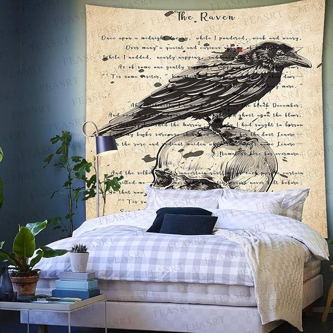Tapestry Wall Hanging Ancient Raven Hymn Wall Decor for Gothic Rustic Home Room, 84x90 Inches Soft Flannelette, Gothic Skull and Raven Dictionary Poster GTQQAY1546