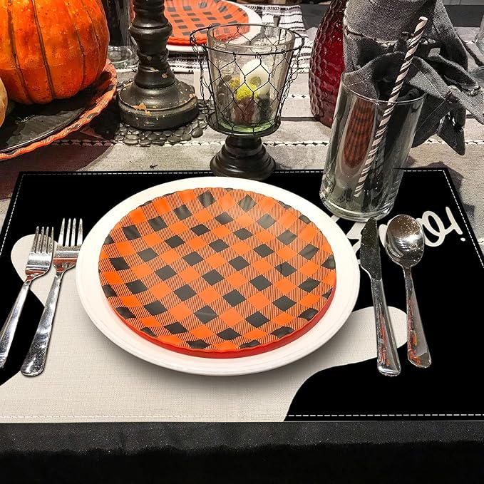 Halloween Ghost Placemats Black Cute Ghost Boo Table Mats 12 x 18 Inch Trick or Treat Kitchen Place Mats for Party Home Dining Table Decoration, Set of 4