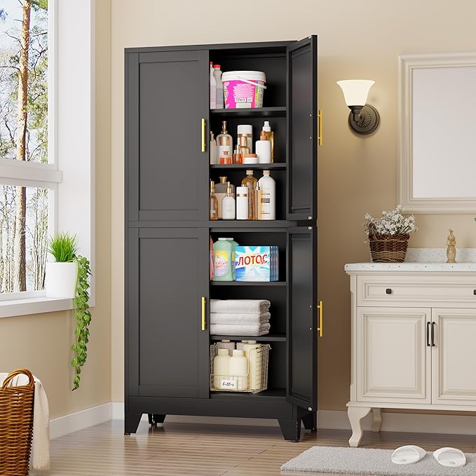 75.2" Tall Metal Pantry Cabinet, Storage Cabinets with 4 Door and 4 Adjustable Shelves, Black Kitchen Pantry Storage Cabinet, Freestanding Cupboard for Kitchen Dining Room Living Room Bathroom