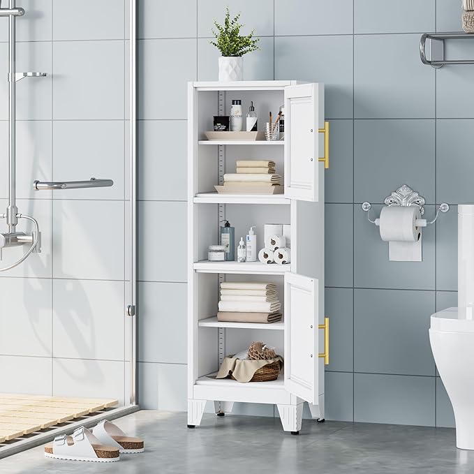 47.24" H Metal Narrow Bathroom Storage Cabinet Pantry Storage Cabinet, 2 Adjustable Shelves for Kitchen, Home Office, Living Room, Dinning Room (White)