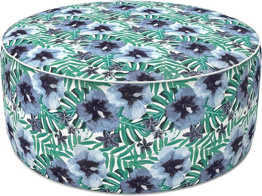 LVTXIII Indoor/Outdoor Inflatable Ottoman, D31 x H14 Inch Large Round Ottoman, All Weather Foot Rest Stool, Portable Footrest for Patio, Garden, Camping and Home - Blue Salmone Tropical