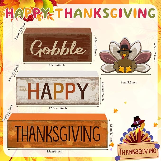 4 Pcs Fall Decorations for Home Thanksgiving Tiered Tray Decor Fall Table Decor Thanksgiving Centerpiece Rustic Wooden Turkey Block Sign for Autumn Harvest Party Table Kitchen Shelf