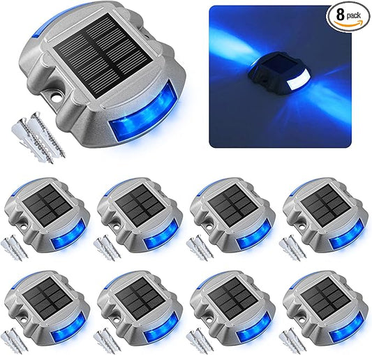 VOLISUN Solar Deck Lights, 8-Pack Led IP67 Waterproof Outdoor Warning Step Lights for Driveway, Sidewalk, Garden Pathway, Yard (Blue)