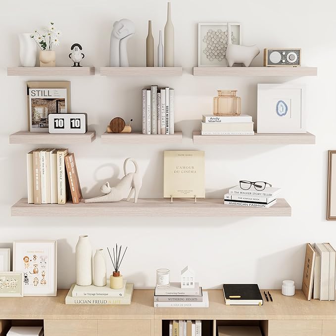 16 Inch Floating Shelves, 3D Textured Wood Grain, 16"x9.25"x1.5" Inch Deep Floating Shelves for Wall, Wooden Shelves for Bathroom, Bedroom, Living Room, Washed White