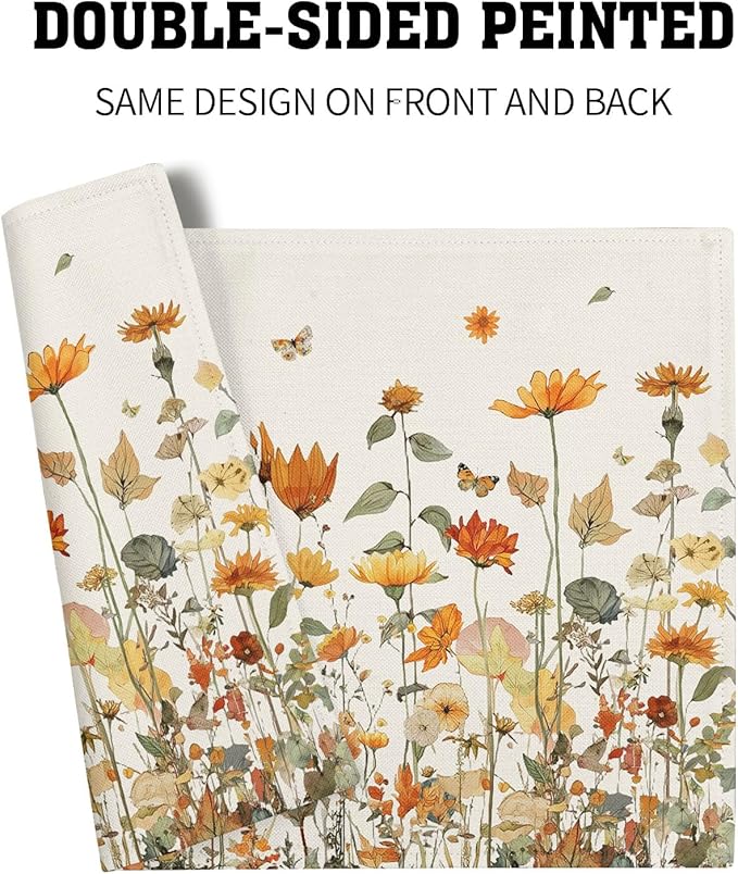 Fall Floral Placemats Set of 4 12x18 Inch Autumn Wildflower Vintage Rustic Washable Non-Slip Heat Resistant Place Mats Thanksgiving Table Mats for Party Kitchen Dining Room