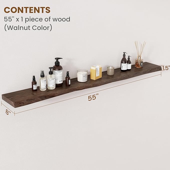 Floating Shelves for Wall Decor, Rustic Solid Elm Wood Floating Shelves Wall Mounted, Wall Shelves with Invisible Bracket for Living Room Bathroom Bedroom Kitchen, 55 Inch, Walnut