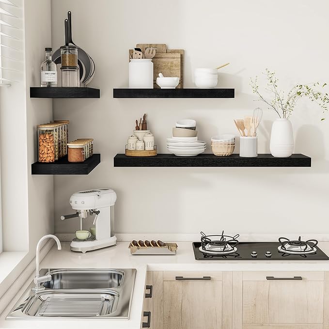 Black Floating Shelves for Wall 24 Inches Long, 12" Deep Wall Shelves 2" Thick, Heavy Duty Shelf for Bedroom, Bathroom, Living Room, Kitchen, Office, Home Decor, Modern Shelf Set of 2, 24" X 12" X 2"