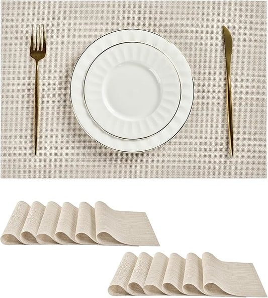 Leetaltree Beige White Placemats Set of 12 - Heat Resistant Non-Slip Place mats for Dining Table, Washable Durable PVC Vinyl Woven Table Mats（Beige White, 12）