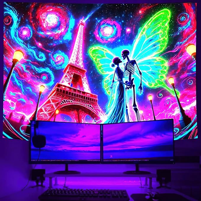 BlissYard Blacklight Skull Tapestry UV Reactive Tapestry 78x59 Inch Black Light Butterfly Galaxy Planet Glowing Large Neon Wall Hanging for Living Room Bedroom Decor Teens