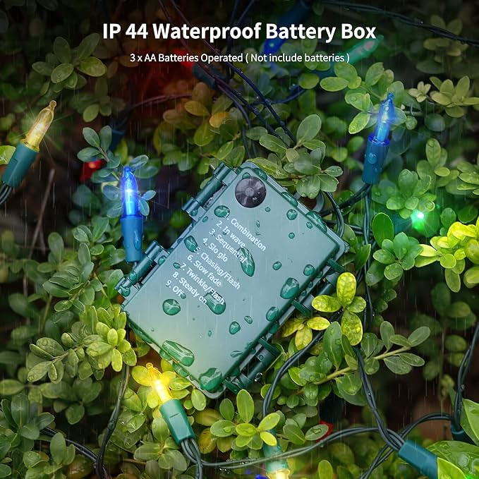 WATERGLIDE 50 LED Outdoor Christmas Lights, 16 FT Battery Operated Mini String Lights with 8 Modes & Timer, Xmas Tree Lights Waterproof for Patio Garden Party Wedding Holiday Decor, Multicolor