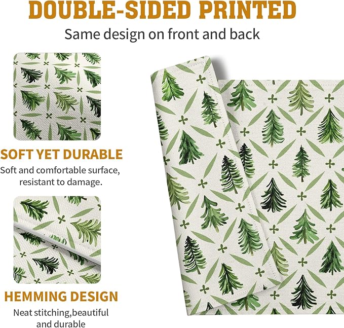 Sage Green Pine Tree Christmas Placemats Set of 4 Xmas Farmhouse Rustic Style Print Place Mat Seasonal Winter Holiday Linen Table Mats for Indoor Outdoor Kitchen Dining Party Decor