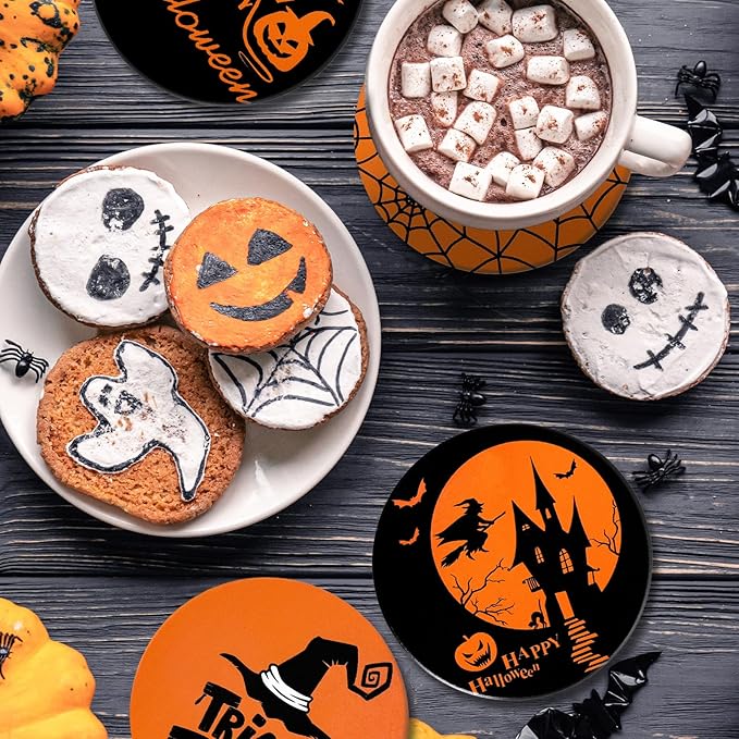 4Pcs Halloween Coasters Orange Black Round Ceramic Coaster Trick or Treat Heat-Resistant Cup Mats for Wooden Table Protection Home Party Supplies