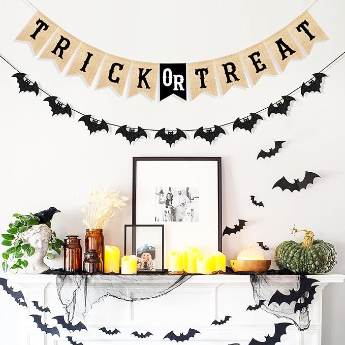 Uniwish Trick or Treat Burlap Banner Halloween Decorations for Mantel Fireplace Glitter Bat Garland Bunting Home Wall Decor Halloween Party Supplies
