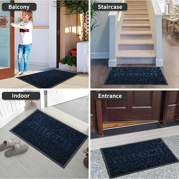 Yimobra Welcome Door Mat Outdoor Indoor, Non Slip Front Doormats, Heavy Duty Rubber Backing, Low-Profile Entrance Mat, Absorbent Resist Dirt, Easy Clean Patio Garage Floor Mats, 29.5 x 17, Blue