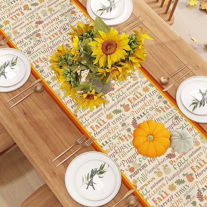 Linen Fall Table Runner 36 Inches Long - Farmhouse Leaves Pumpkin Table Decor for Autumn Thanksgiving Home Kitchen Dining Room Decorations