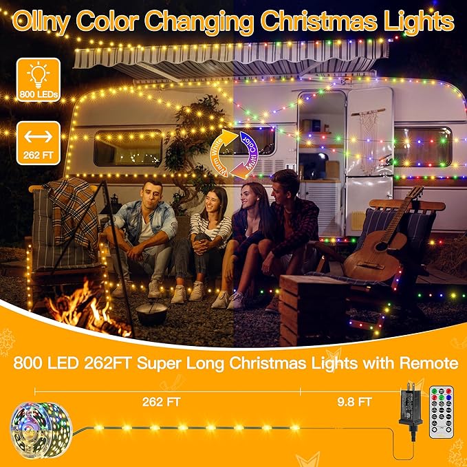 Ollny Christmas Lights 262 FT 800 LED IP67 Waterproof, Color Changing Christmas Lights Outdoor with Remote, 11 Modes Dimmable Timer Warm White to Multicolored Changeable String Lights for House Decor