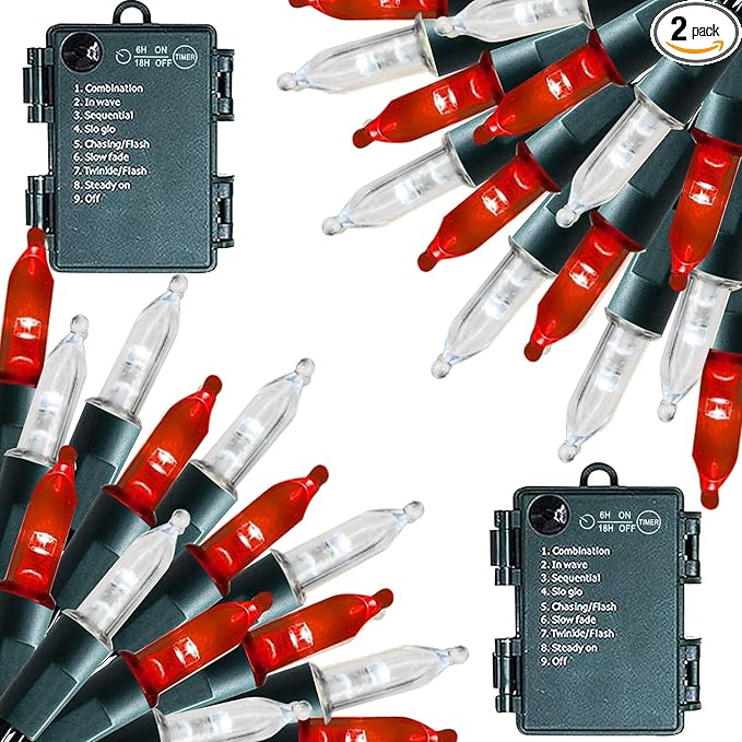 Dazzle Bright Battery Operated Christmas Lights, 2 Pack Total 32FT 100LED Clear Mini String Lights Waterproof with 8 Modes for Xmas Indoor Outdoor Yard Holiday Wedding Decorations (Red and White)