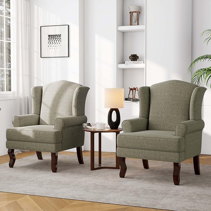 Accent Chair, High Back Upholstered Armchair with High Resilience Sponge & Wood Legs, Mid-Century Modern Comfy Single Sofa Reading Chairs for Living Room, Bedroom (Light Camel, Set of 2)