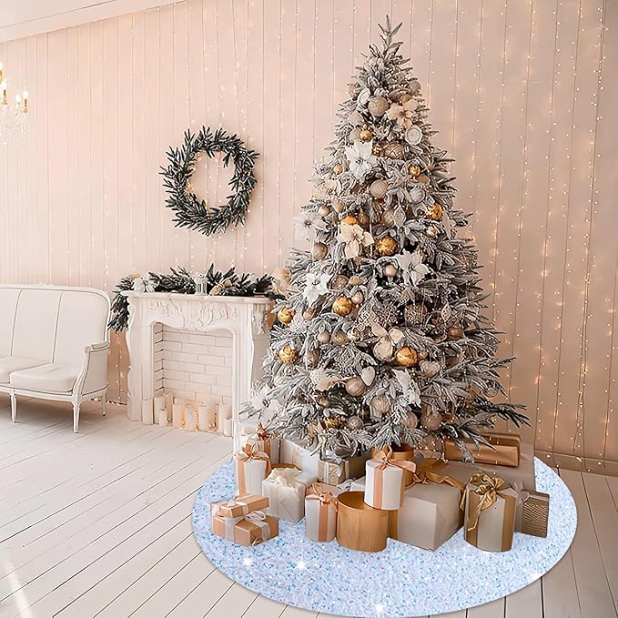 MODFUNS Sequin Christmas Tree Skirt Iridescent White Sparkle Tree Skirt 46 Inch Velvet Xmas Tree Mat Thick Bling Tree Skirt Christmas Decoration Shimmer Tree Cover Skirt for Merry Christmas Party