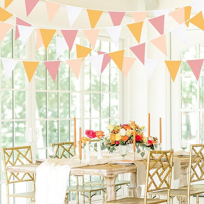 32Ft Groovy Party Decorations Yellow Pink White Pennant Banner Fabric Triangle Flag Bunting Garland Streamers for Daisy Groovy Boho Retro Hippie Wedding Birthday Baby Shower Spring Party Supplies