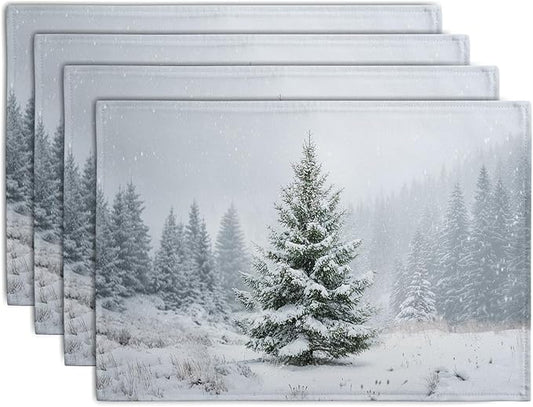 Winter Placemats Set of 4, 12x18 Inch Christmas Pine Tree Snowflake Linen Table Mats Seasonal Washable Farmhouse Place Mats for Kitchen Dining Xmas Holiday Party Decor