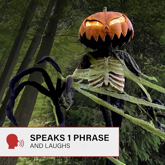 Haunted Hill Farm Pumpkin Sentinel by Tekky, Battery-Operated, Motion and Sound Activated Animatronic with Sound Effects and Lights for Indoor or Covered Outdoor Creepy Halloween Decoration