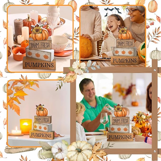 4 Pcs Fall Pumpkin Decor Fall Table Decoration Autumn Tiered Tray Decor Thanksgiving Centerpiece Rustic Decorative Pumpkin Block Signs Farmhouse Thanksgiving Decoration for Home Kitchen