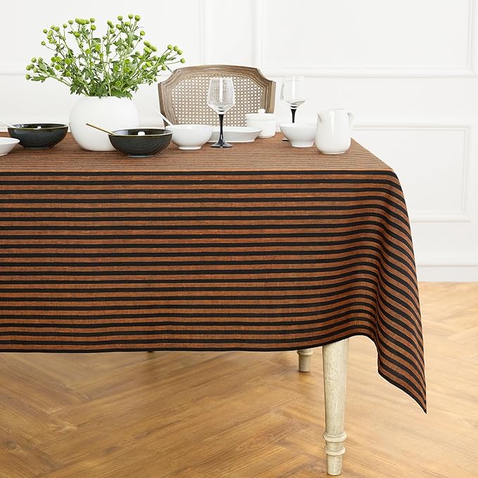 Solino Home Linen Tablecloth 60 x 120 Inch - Amalfi Stripe 100% Pure Linen Pumpkin and Black Table Cloth for Rectangle Tables - Machine Washable Fabric Tablecloth for Fall, Halloween, Thanksgiving