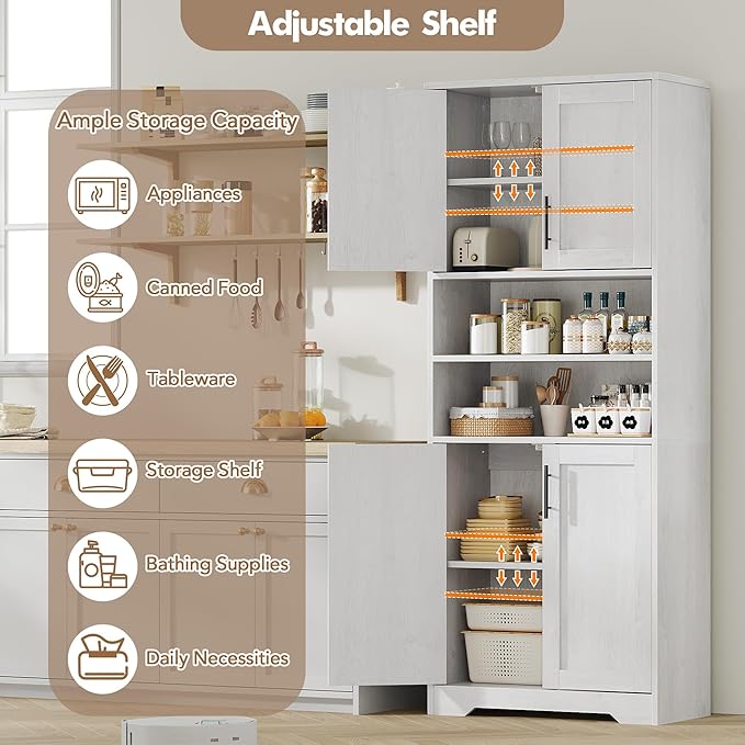GarveeHome 67" Tall Storage Cabinet, Tall Bathroom Cabinet with 4 Doors and Adjustable Shelves, Freestanding Kitchen Pantry Cabinets, Cupboard for Living Room, Dining Room, Antique White