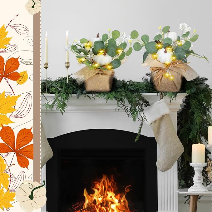 Janinka 2 Set 11 Inch Fall Decorations for Home White Pumpkins Eucalyptus Tables Centerpieces Artificial Pine Cones Berry Stem Picks Decor with 20 LED Lights for Autumn Thanksgiving Decorations