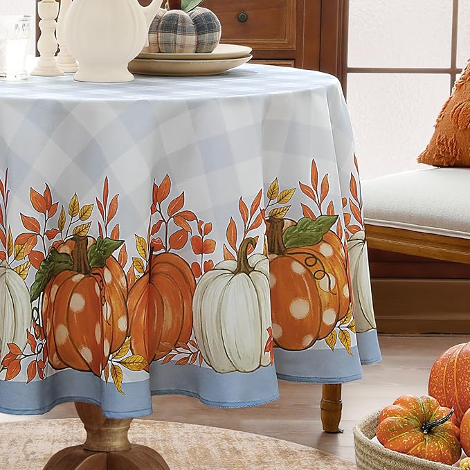 Romanstile Fall Round Tablecloth, Thanksgiving Autumn Harvest Pumpkin Buffalo Plaid Table Cloth, Stain Resistant Washable Table Cover for Party/Dining/Holiday- Grey Blue Checkered, 60 Inch