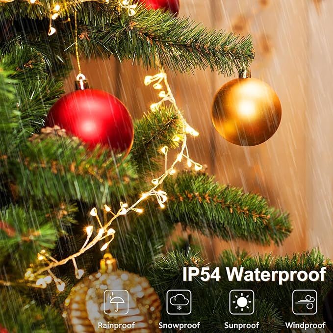 2 Pack Cluster Fairy Lights Battery Operated, Total 20Ft 400 LED Christmas String Lights with Timer 8 Modes Silver Wire Firecracker Fairy Lights for Garlands Tree Wedding Decoration (Warm White)