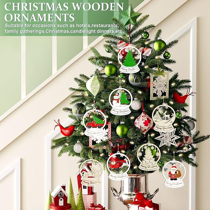 36PCS Wooden Hollow Christmas Ornaments for Paint Christmas Tree Decorations 6 Styles, DIY Blank Unfinished Wood Reindeer Santa Claus Snowman Snowflake Angle Cutouts for Crafts Winter Hanging Decora