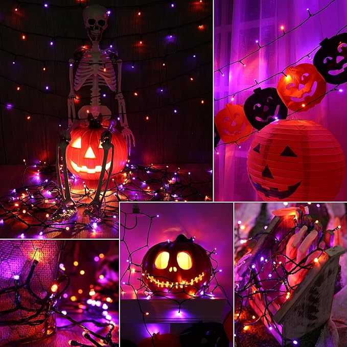 Joomer 2 Pack Orange Purple Halloween Solar String Lights Total 144 FT 400 LED 8 Modes Waterproof Solar Halloween Lights Outdoor for Halloween Decorations