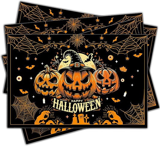 Halloween Spooky Placemats Set of 4, 12x18 Inch Pumpkin Bat Table Mats, Washable Heat Resistant Place Mats for Kitchen Dining Table, Halloween Themed Decoration for Home-B05