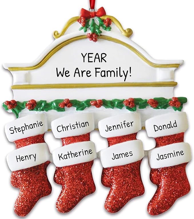 3D White Mantle Family of 8 Christmas Ornament 2025 Personalized Family Christmas Ornaments 2025 | Garland Fireplace Personalized Tree Ornaments Customizable Gifts Red Stockings of Eight Ornament