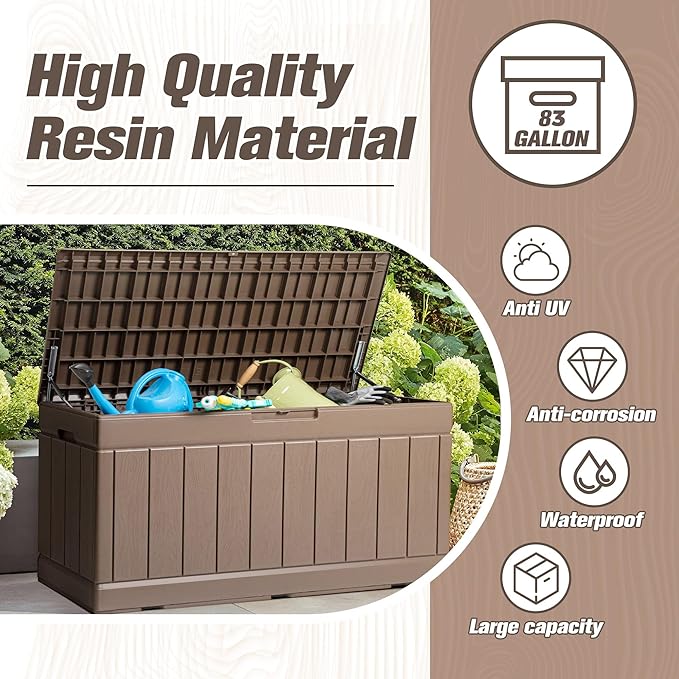 JUMMICO 83 Gallon Outdoor Deck Box Large Resin Storage Box for Patio Furniture Cushions and Garden Tools (Khaki)