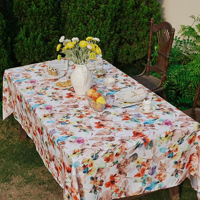 Spring Rectangle Outdoor Tablecloth 60x84 Inch, Spill-Proof Waterproof Table Cloth, Floral Pattern Country Table Cover for Dining, Farmhouse, Easter, Orange Flower