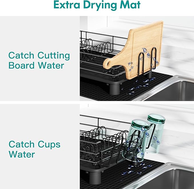 Black Stainless Steel Dish Drainers Drying Rack for Kitchen Counter with Drainboard Set, Rust Proof Metal, Space Saving, Modern Aesthetic, Compact Plates Strainers with Extra Mat