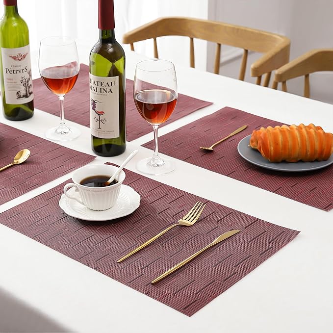 Leetaltree Burgundy Placemats Set of 8 - Heat Resistant Non-Slip Place mats for Dining Table, Washable Durable PVC Vinyl Woven Table Mats（Burgundy, 8）