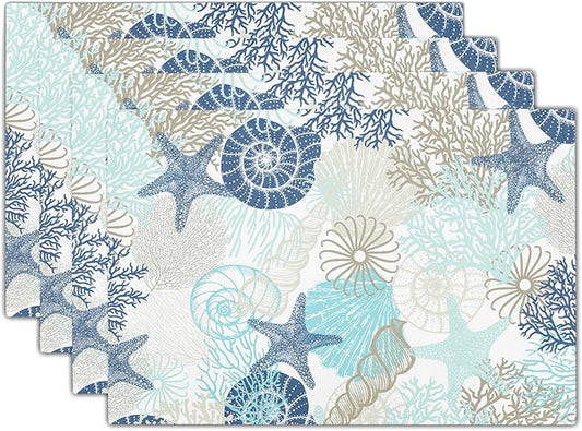 Summer Ocean Placemats Set of 4 Nautical Coastal Blue Starfish Seashell Coral Washable Non-Slip Heat Resistant Place Mats 12x18 Inch Beach Theme Linen Table Mats for Home Kitchen Dining Party Decor