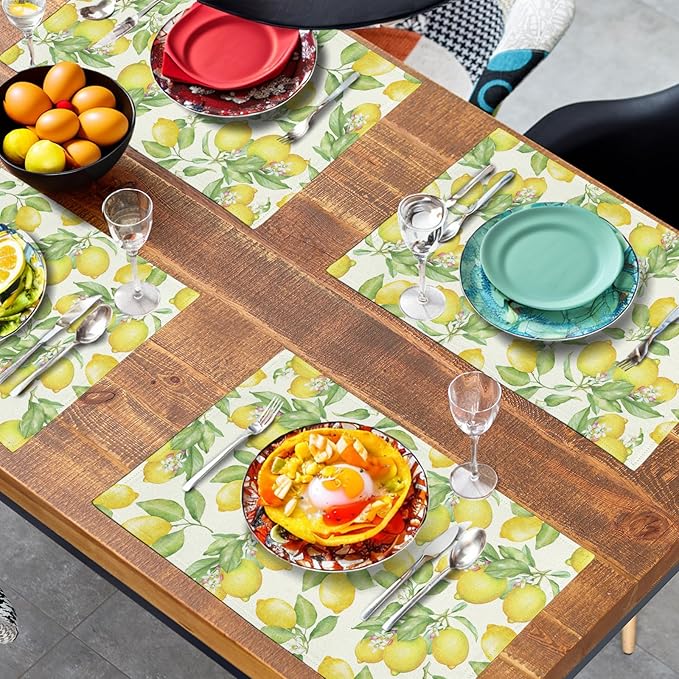 Lemon Placemats Set of 4 Summer Yellow Fruit Green Leaf Floral Linen Table Mat Rustic Farmhouse Spring Heat Resistant Non Slip Washable Place Mats for Dining Kitchen Party Decor