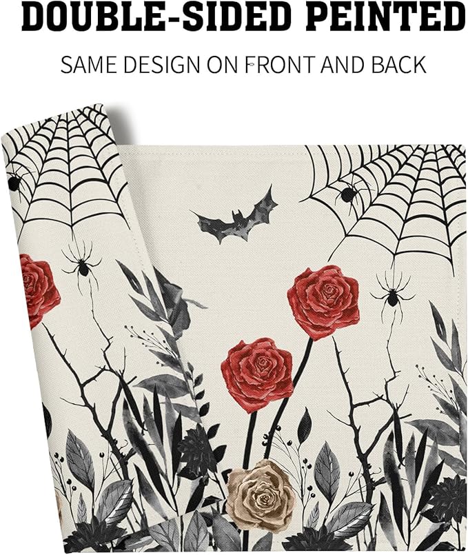 Halloween Placemats Set of 4 12x18 Inch Vintage Black Floral Bat Spider Web Washable Non-Slip Heat Resistant Place Mats Rustic Table Mats for Party Kitchen Dining Room Decor