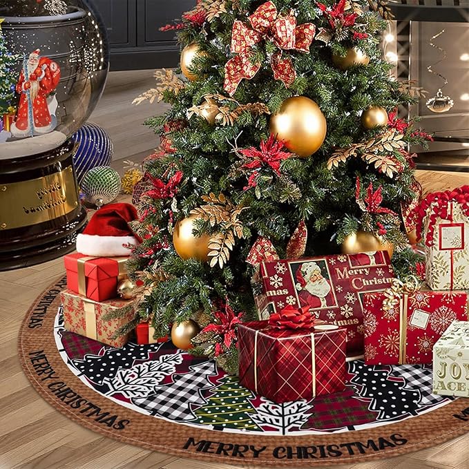 Christmas Tree Skirt 36 Inch, Red and Black Buffalo Plaid Xmas Tree Skirts, Winter Christmas Trees Mat for Home Party Holiday Indoor Outdoor Decorations