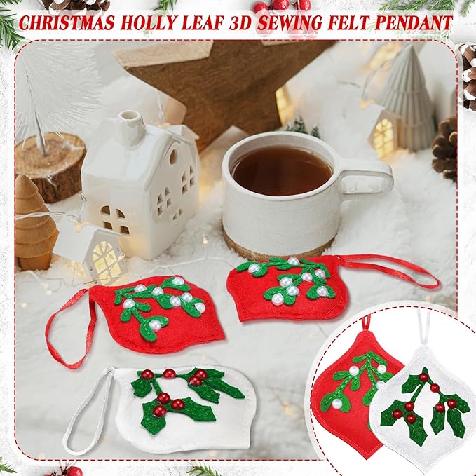 12 Pcs Christmas Felt Ornaments for Tree Red and White Mistletoe and Holly Leaves with Berries Poinsettias 3D Hanging Decorations Hanging Felt Craft for Christmas Party Favors Gifts