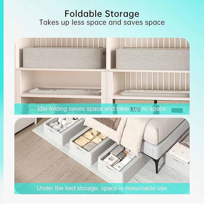 3PCS Under Bed Storage Bins with Metal Frame, Linen Fabric Frame Storage Box Clothes Organizer Bins, Underbed Container with Clear Window (Light Grey, 15.7 x 13 x 6IN)