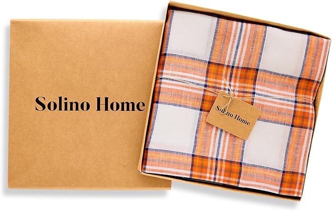 Solino Home Plaid Linen Tablecloth 60 x 108 Inch - 100% Pure Linen Orange Tartan Plaid Table Cloth for Rectangle Tables - Machine Washable Tablecloth for Fall, Autumn, Halloween, Thanksgiving