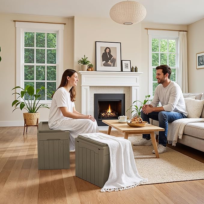 JUMMICO 31 Gallon Resin Deck Box Waterproof Indoor Outdoor Storage Boxes for Patio Furniture Cushions and Garden Tools (Light Brown, 31gallon-2 Packs)