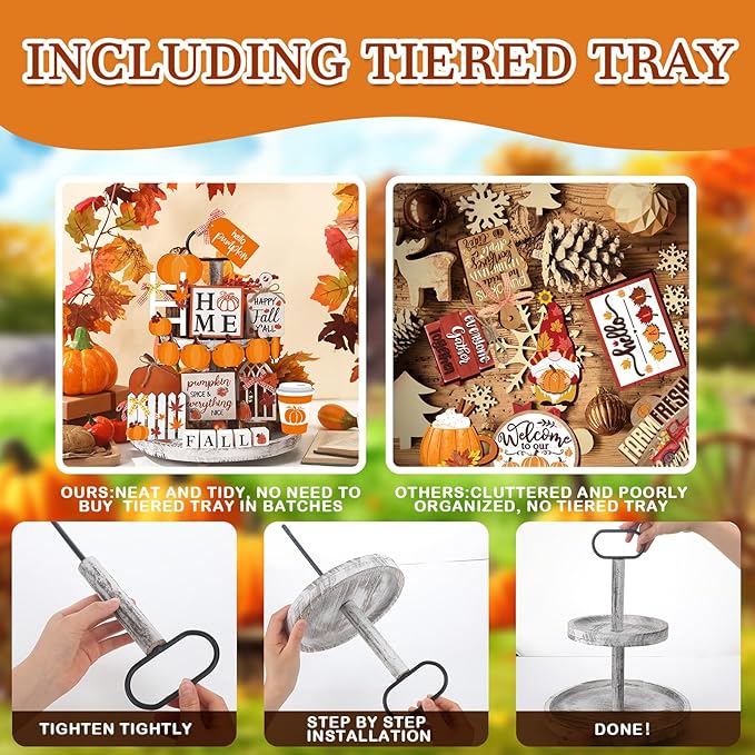 21 Fall Tiered Tray Decor with Two Tiered Tray Fall Table Decor Maple Leaf Pumpkin Signs Thanksgiving Fall Decor Autumn Harvest Decorative Trays Wooden Tabletop Signs for Home Kitchen